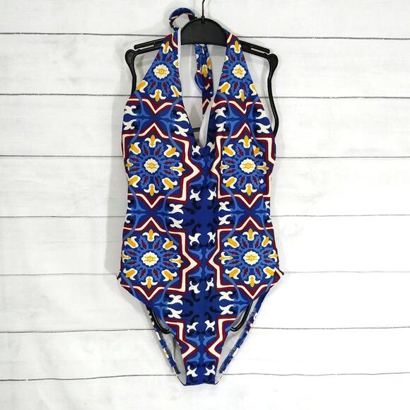 LOFT Beach One Piece Bathing Suit Halter Top Size 6 Blue & White Moroccan Print - Picture 2 of 5